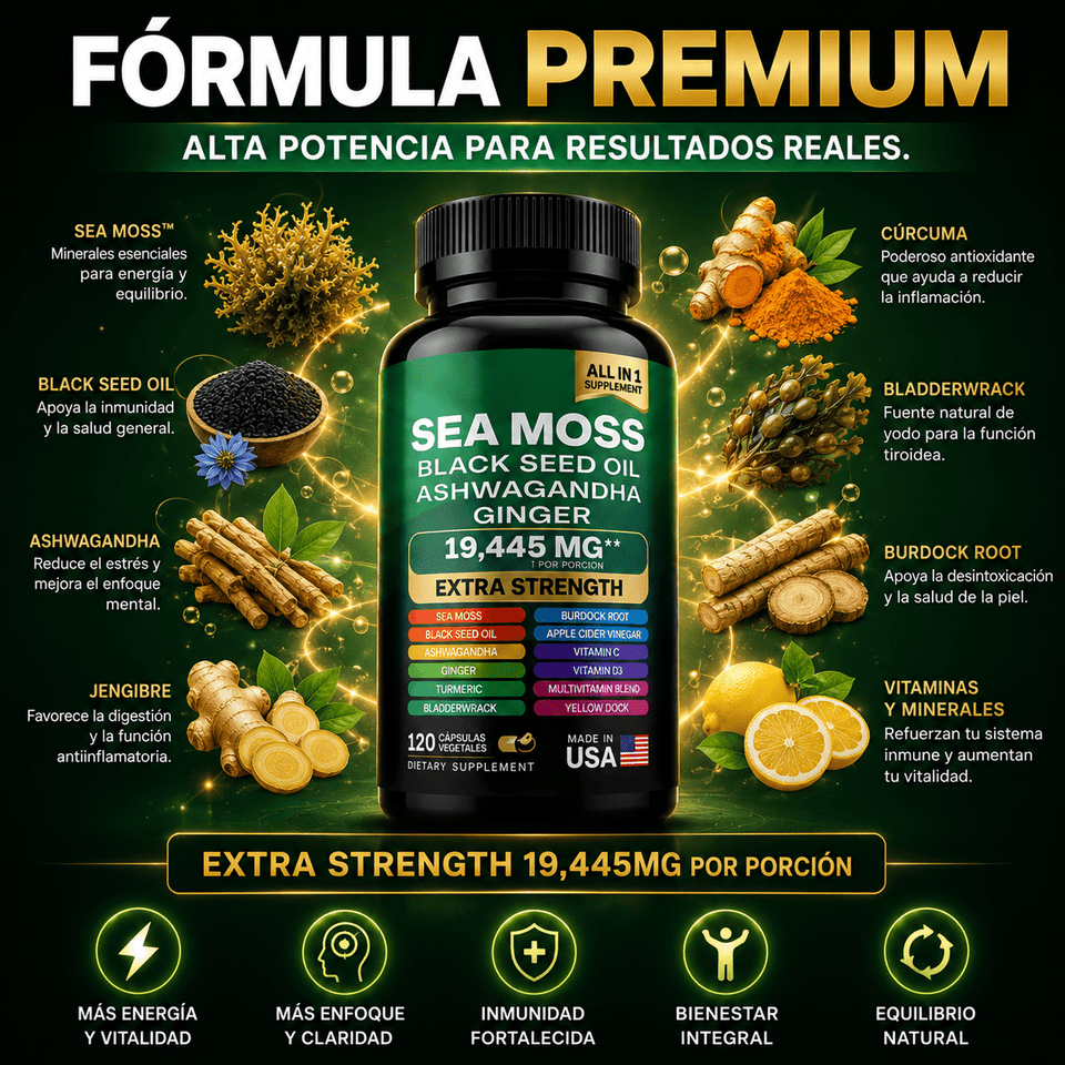 Sea Moss Extra Strength 19,445mg Energía, Inmunidad y Enfoque Mental 120 Cápsulas - Selecto Store España