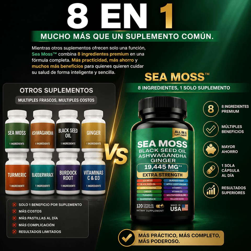 Sea Moss Extra Strength 19,445mg Energía, Inmunidad y Enfoque Mental 120 Cápsulas - Selecto Store España